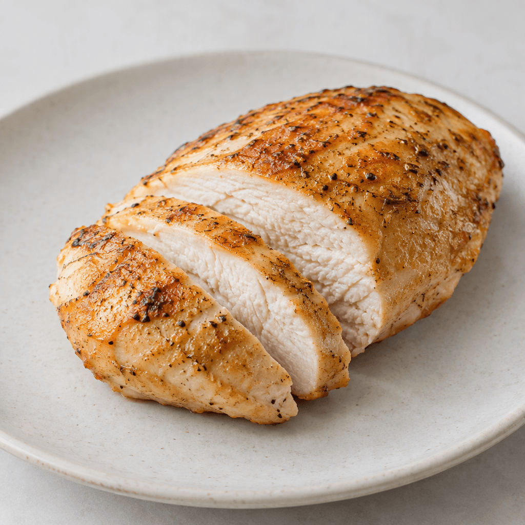 A thick, boneless chicken breast rests on a plate with a lightly browned golden surface, pale white interior visible along a few slices, and a firm, slightly textured exterior.