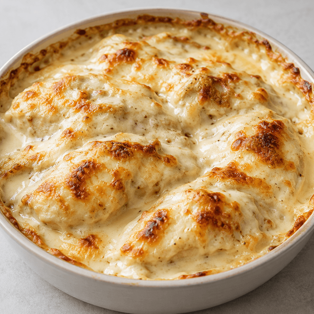 Tender chicken pieces are covered in a thick, smooth ivory béchamel sauce with scattered golden-brown patches, served in a shallow baking dish with the creamy surface slightly rippled and browned at the edges.