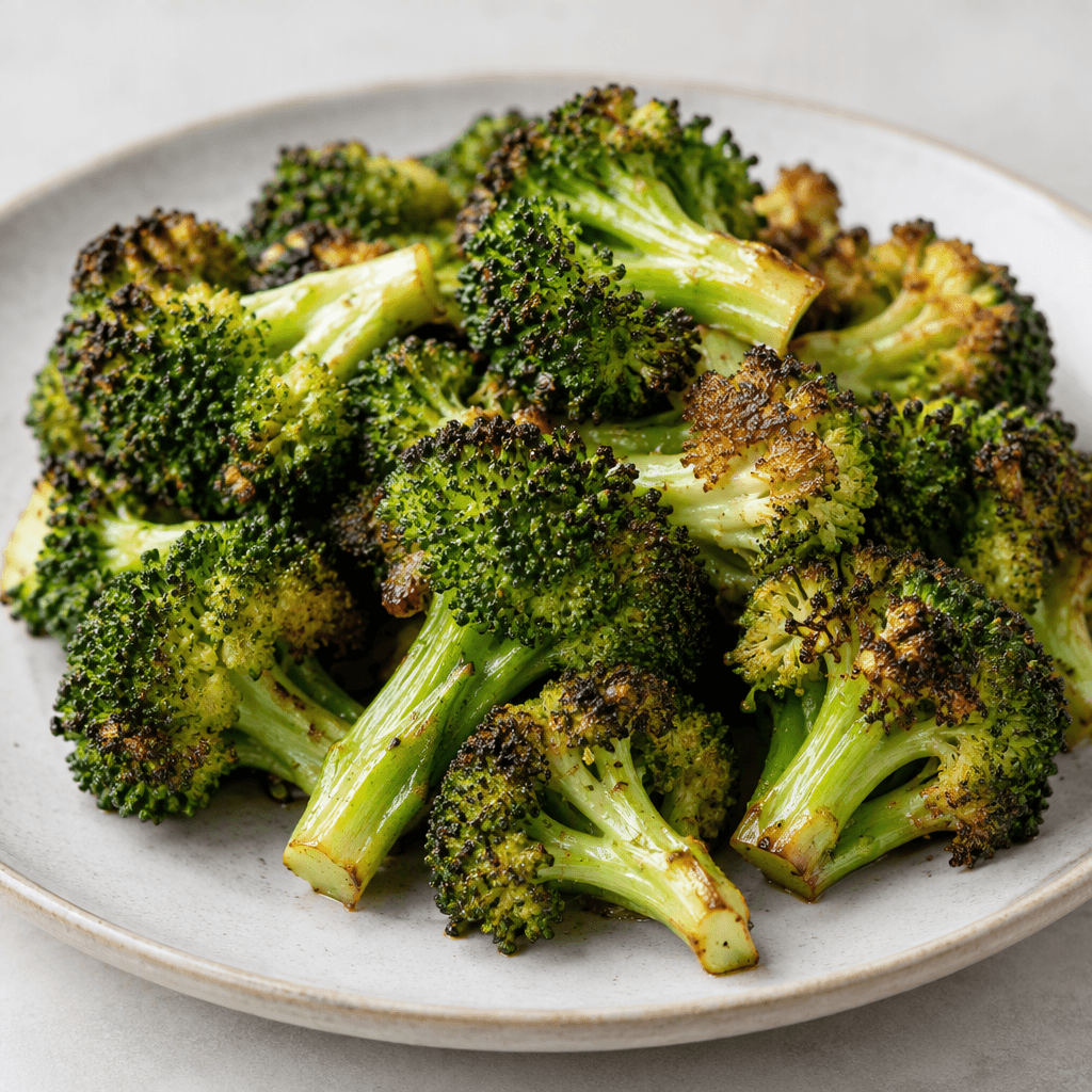 Irregular broccoli florets with thick green stems sit on a plate, their crowns deep green with scattered dark brown, crisp-looking edges and a few golden roasted spots.