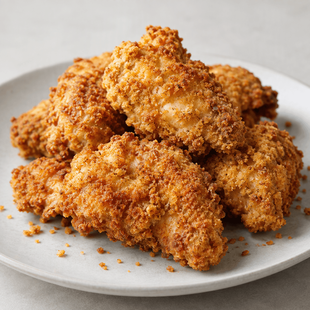 Golden-brown chicken pieces with a visibly crisp, craggy breadcrumb coating, arranged on a serving plate with a few scattered crumbs.