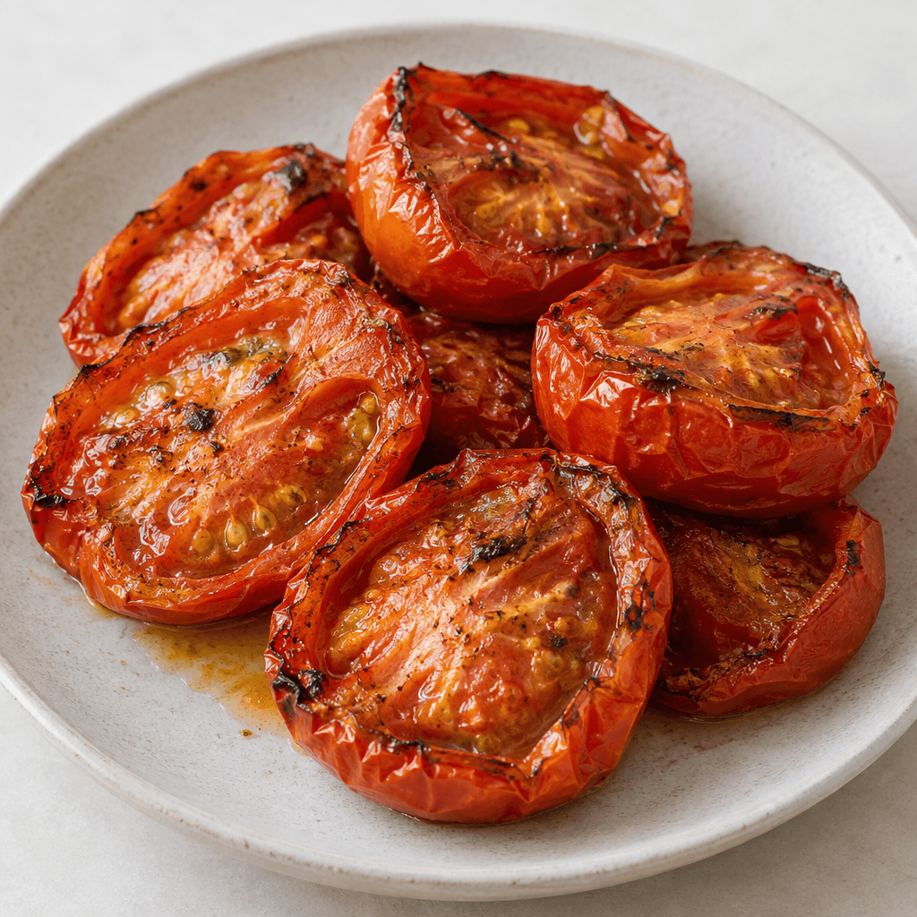 Ripe red tomato halves with softened, wrinkled flesh, lightly browned edges, glossy juices, and a few dark roasted spots are arranged on a serving plate.