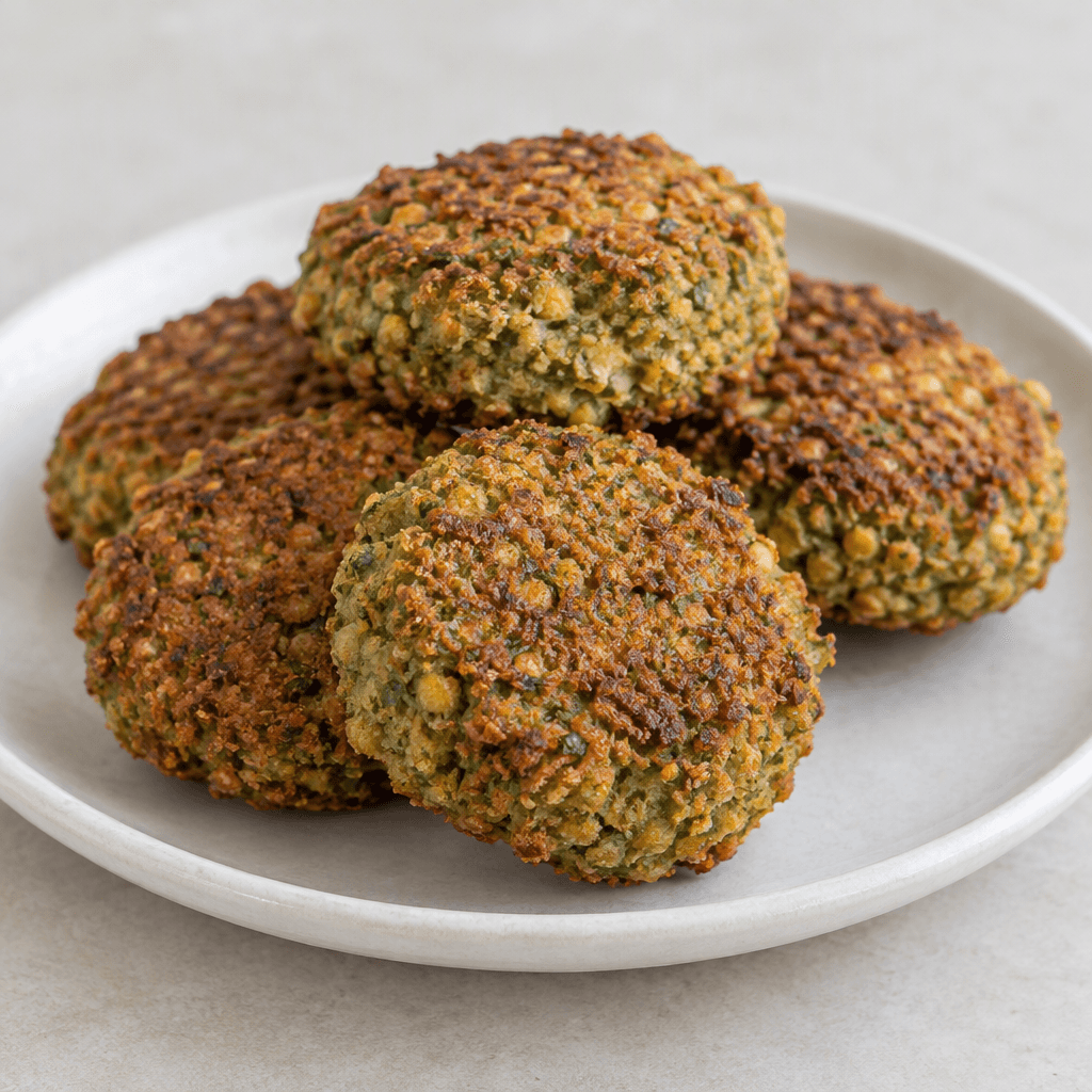 Pürüzlü ve çatlak görünümlü altın-kahverengi dış yüzeye sahip, hafif yassı yuvarlak falafel köfteleri sade bir tabakta bir arada sunuluyor; iç dokuları iri taneli yeşilimsi bej renkte görünüyor.