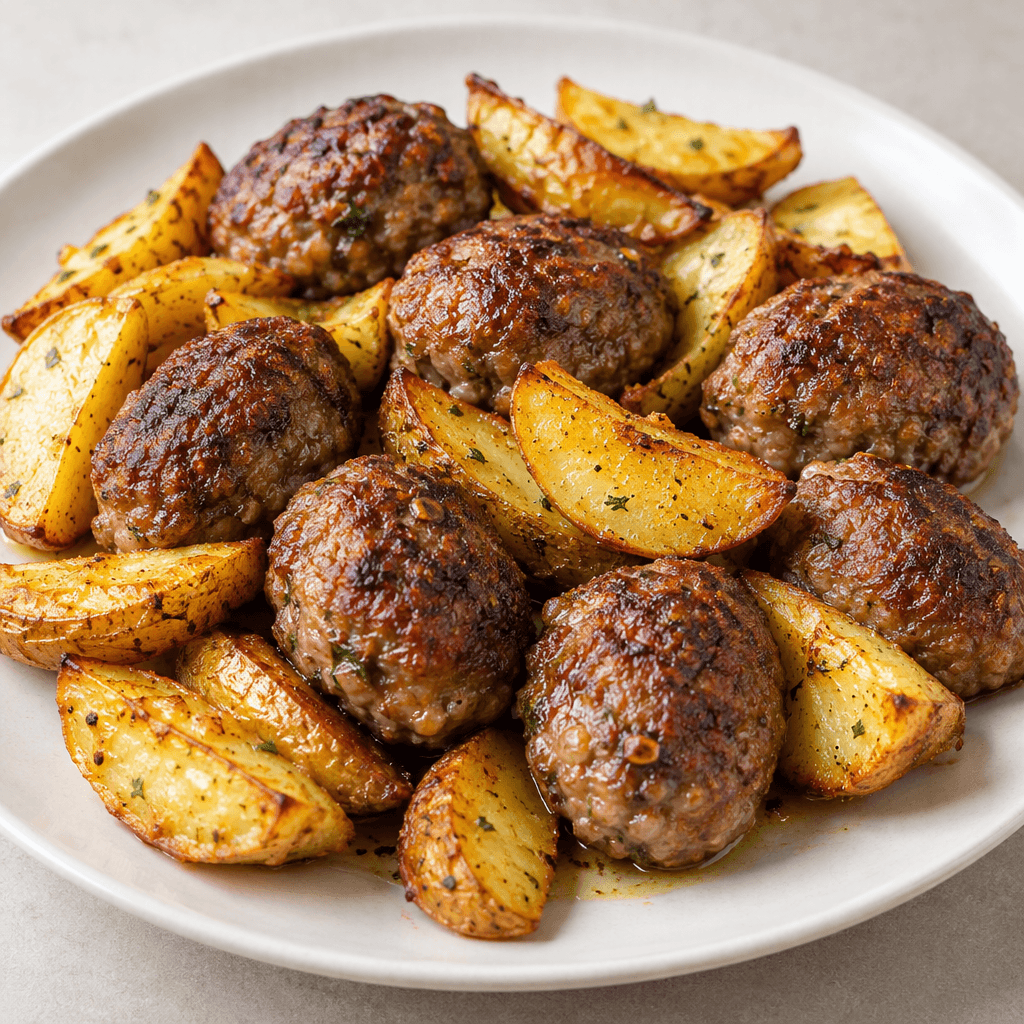 Oval, browned meatballs with a slightly crisp exterior are arranged among golden roasted potato wedges, with visible browned edges and a light sheen of cooking juices, served together on a plain plate.