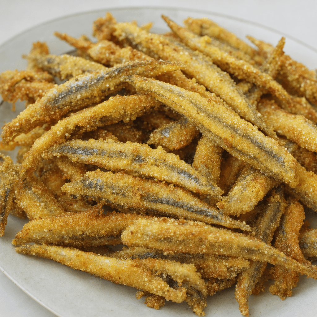 Small, slender anchovies coated in coarse golden cornmeal lie close together on a plate, their crisp coating mottled with deeper brown edges.