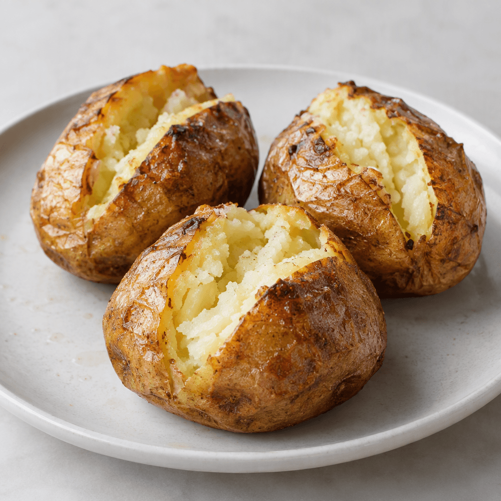 Whole baked potatoes with lightly blistered brown skins, split open to reveal fluffy pale interiors, arranged on a simple plate with only a faint sheen of oil and scattered browned edges.