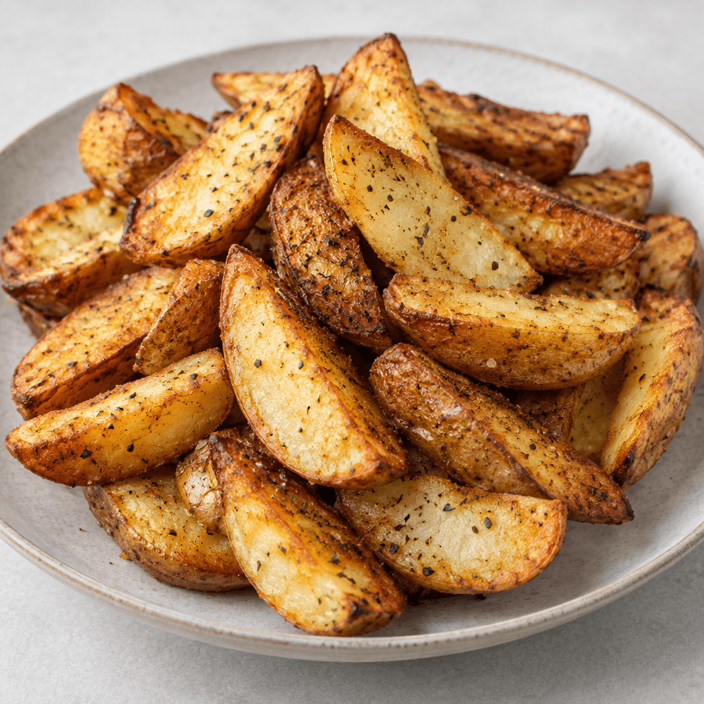 Golden-brown potato wedges with crisp, darker edges, pale fluffy cut surfaces, and scattered seasoning specks, arranged in a loose pile on a serving plate.