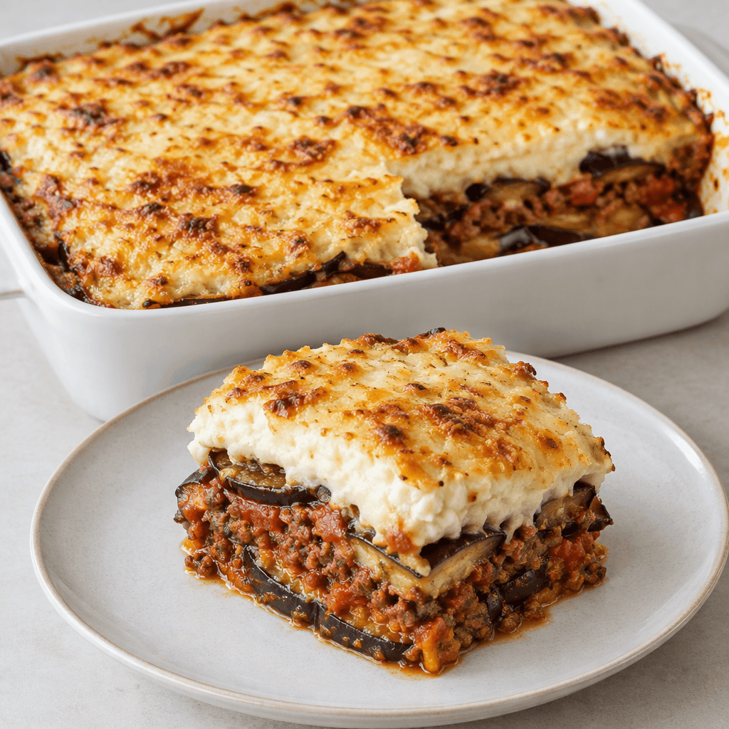 A rectangular baked casserole shows layers of tender deep-purple eggplant, reddish tomato sauce and browned minced meat beneath a thick pale cream topping mottled with golden-brown patches, with a square portion lifted onto a plate.