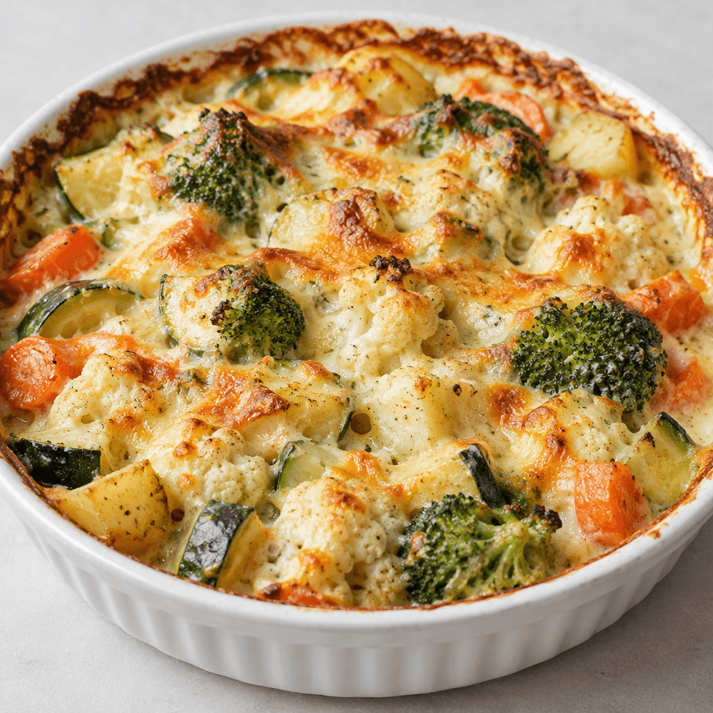 A shallow baking dish holds chunky pieces of zucchini, cauliflower, broccoli, carrots, and potatoes covered in a pale creamy sauce, with a bubbling golden-brown cheese crust and browned edges.