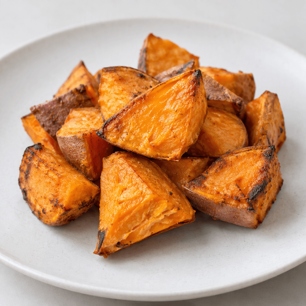 Roasted sweet potato pieces with deep orange flesh, lightly browned and blistered edges, and a soft, slightly fibrous surface, arranged in a small pile on a plain plate.