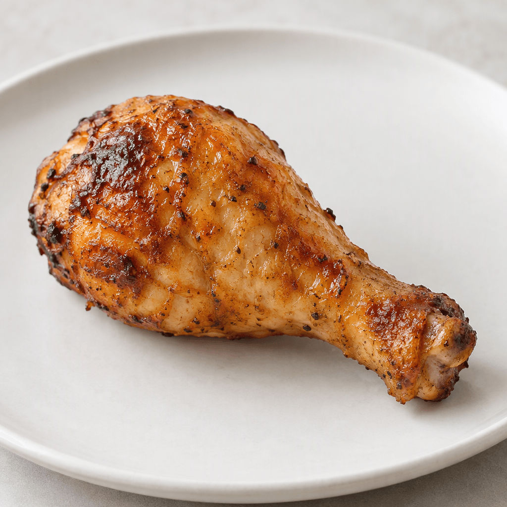 A baked chicken drumstick with golden-brown, lightly blistered skin, darker roasted edges, and a plump tapered shape, served on a plain plate.