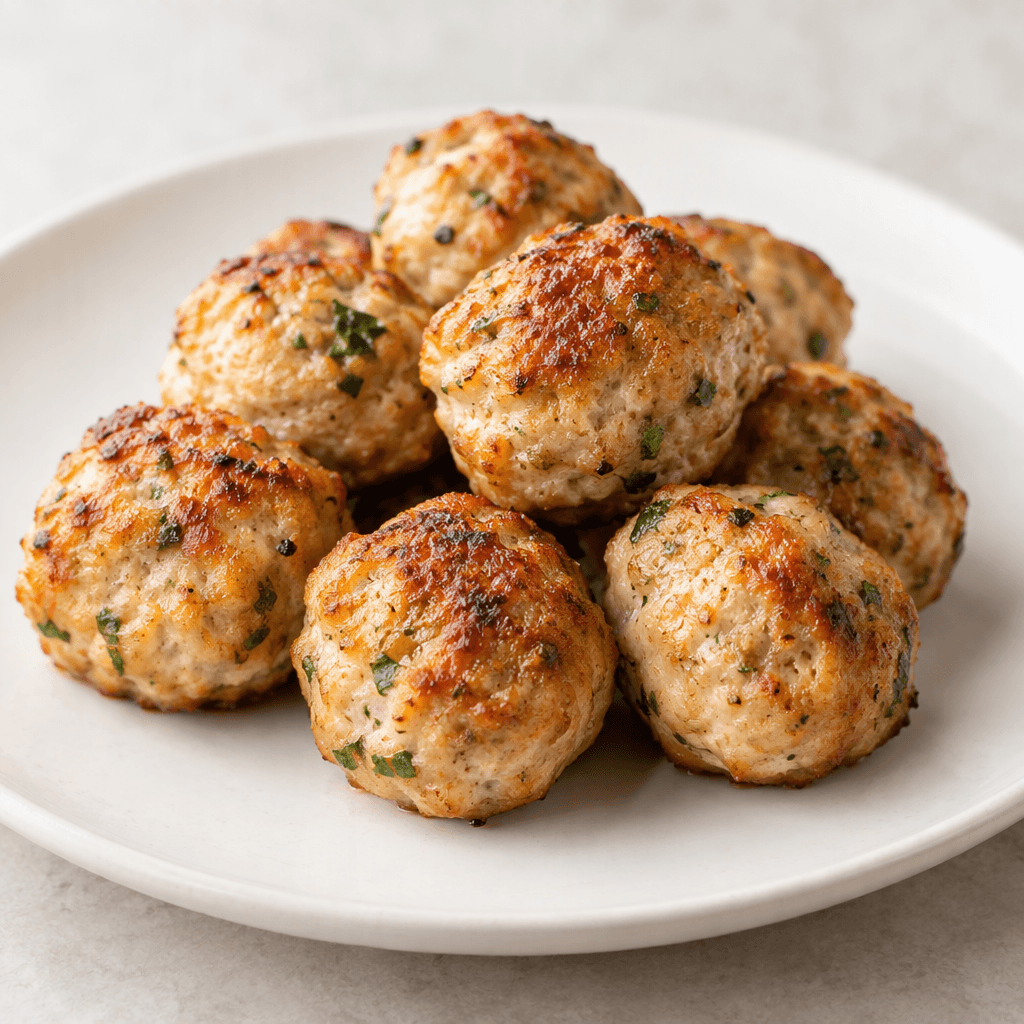 Several golden-brown chicken meatballs with lightly crisp, uneven surfaces and tender-looking interiors are arranged on a plain serving plate, with a few green herb flecks visible on their rounded exteriors.