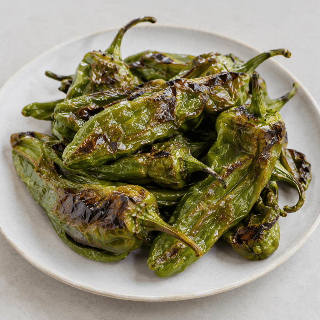 Whole green peppers with softened, wrinkled skins, blistered surfaces, and scattered dark brown charred patches, served on a plate with their stems attached.