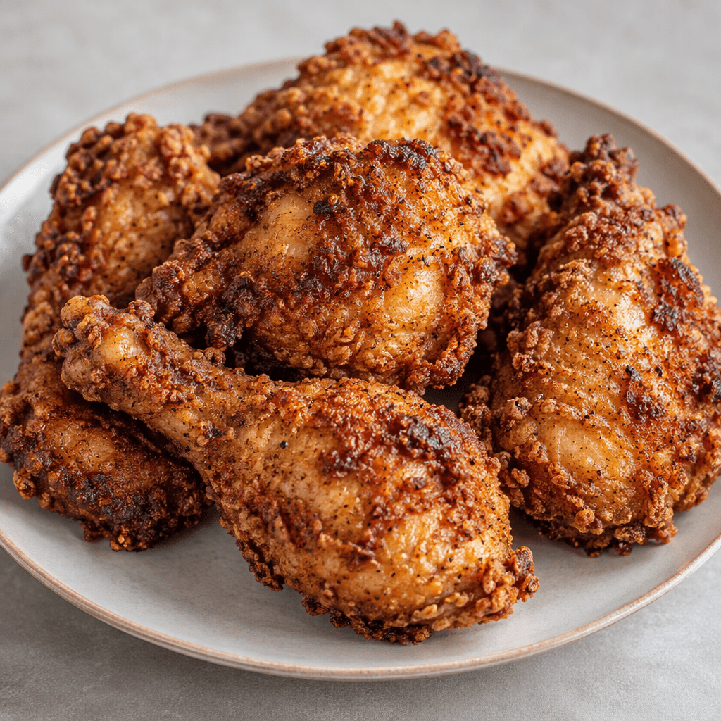 Golden-brown chicken pieces with a rough, crisp-looking crust and darker toasted edges are arranged on a plate.