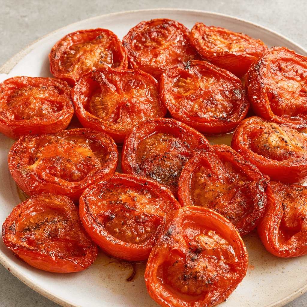 Softened red tomato halves with wrinkled, blistered skins, lightly browned edges, and glossy juice are arranged closely on a plate.