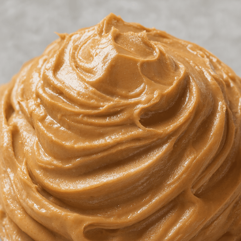 A thick, smooth, light-brown hazelnut paste forms a glossy mound with soft swirls and ridges.