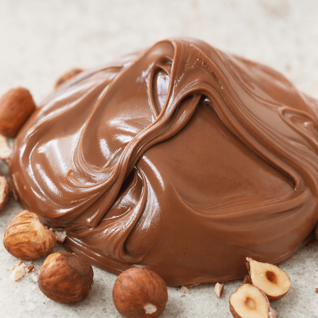 A thick, smooth, glossy light-brown hazelnut spread sits in a soft mound, with curved swirls and a few hazelnut pieces nearby.