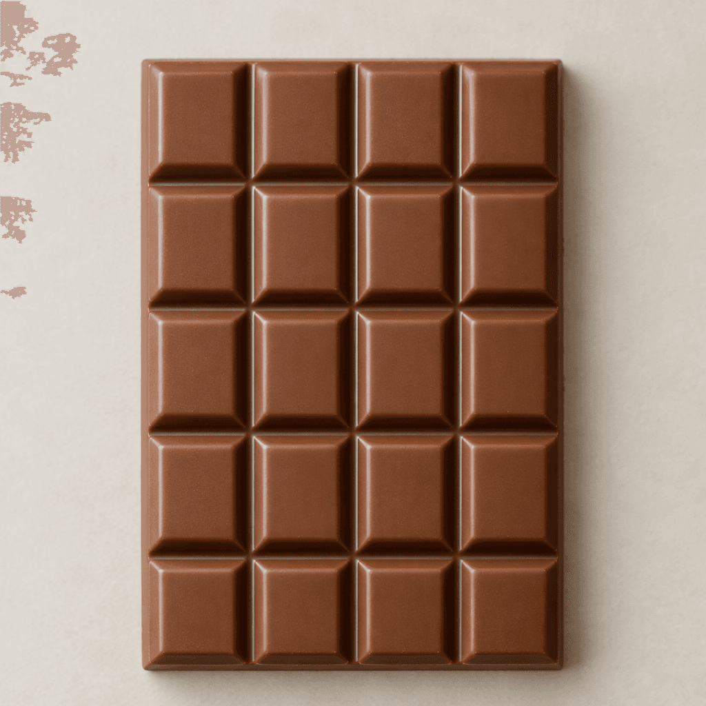 A smooth, medium-brown milk chocolate bar divided into neat rectangular segments, with a softly glossy surface and clean edges.
