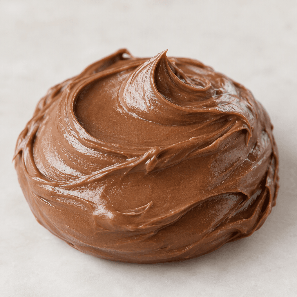 A thick, smooth, medium-brown hazelnut spread sits in a soft mound with gentle swirls and a slight sheen.