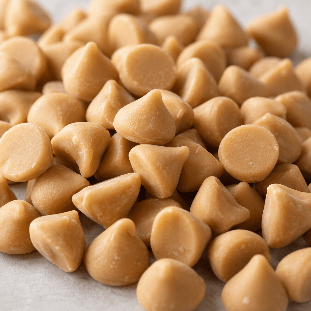 Small, smooth, pale tan baking morsels with rounded, ridged sides and a slightly raised point are scattered across a flat surface.