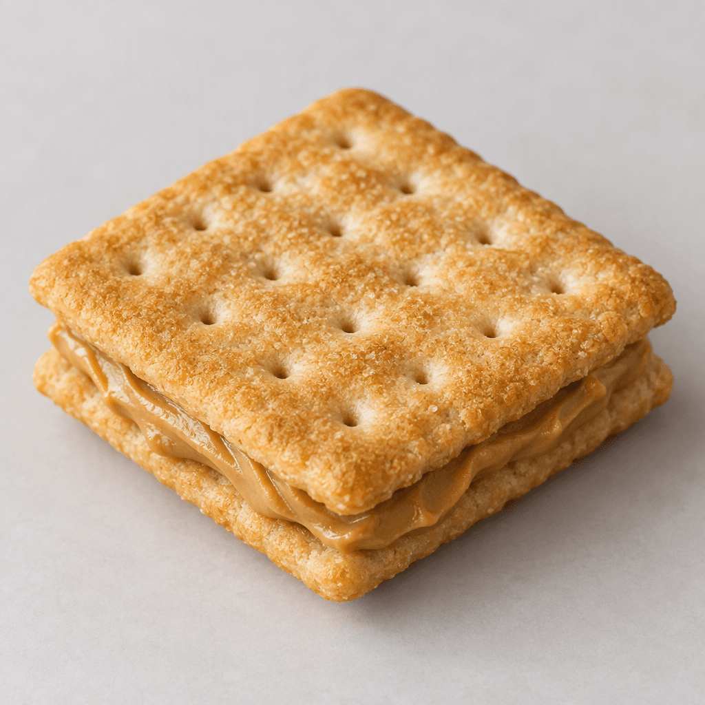 Two thin, golden-brown square crackers with small pinholes sandwich a visible layer of smooth tan peanut butter, with the filling showing along the edges.
