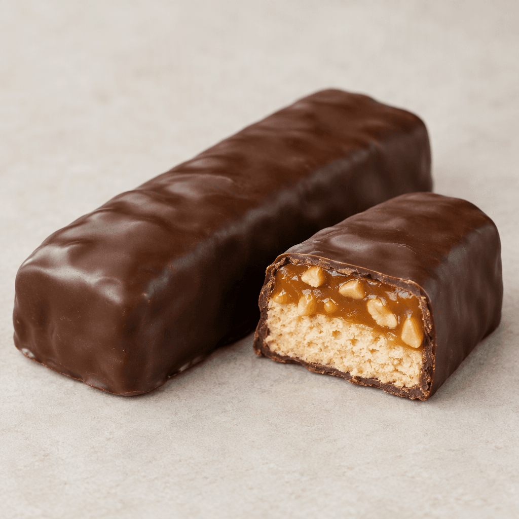 An elongated rectangular bar with a smooth dark-brown coating, shown whole beside a cut piece revealing pale beige filling, glossy caramel-colored layers, and small peanut pieces.