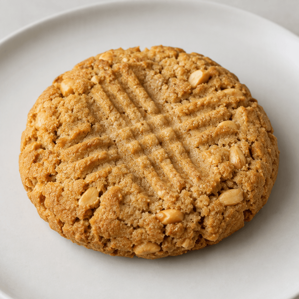 A round, slightly thick golden-brown cookie with a dry, crumbly surface, shallow fork marks crossed on top, fine cracks around the edges, and small visible peanut pieces, served on a plain plate.