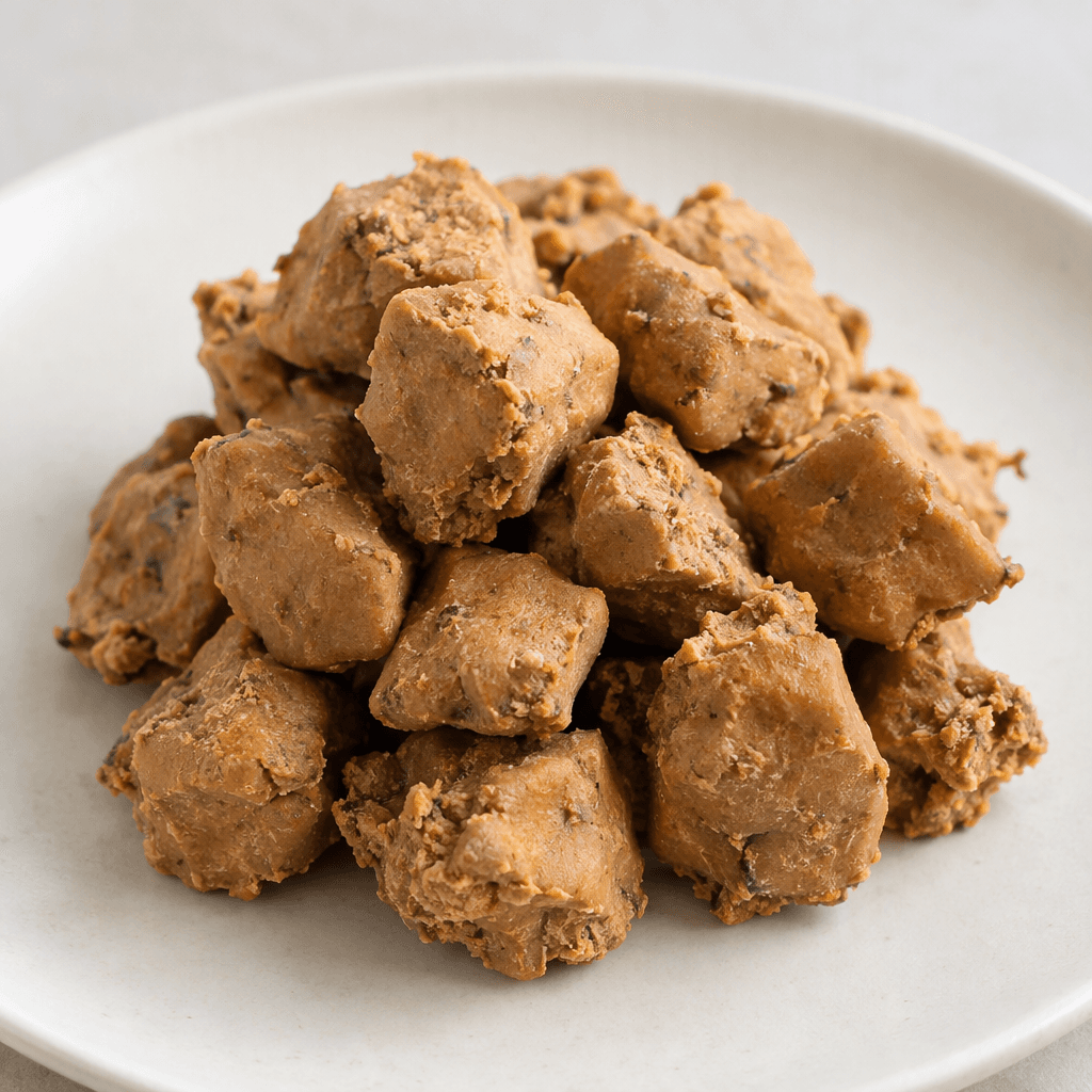 Small, irregular bite-sized pieces are coated in a thick, matte tan-brown layer, with a few rough, crumbly edges and tiny darker flecks, arranged on a plain plate.