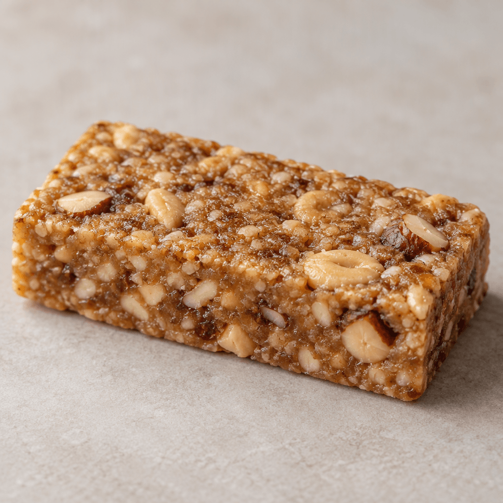 A compact rectangular, tan-brown protein bar with a slightly rough, dense-looking surface and small visible peanut and hazelnut pieces.