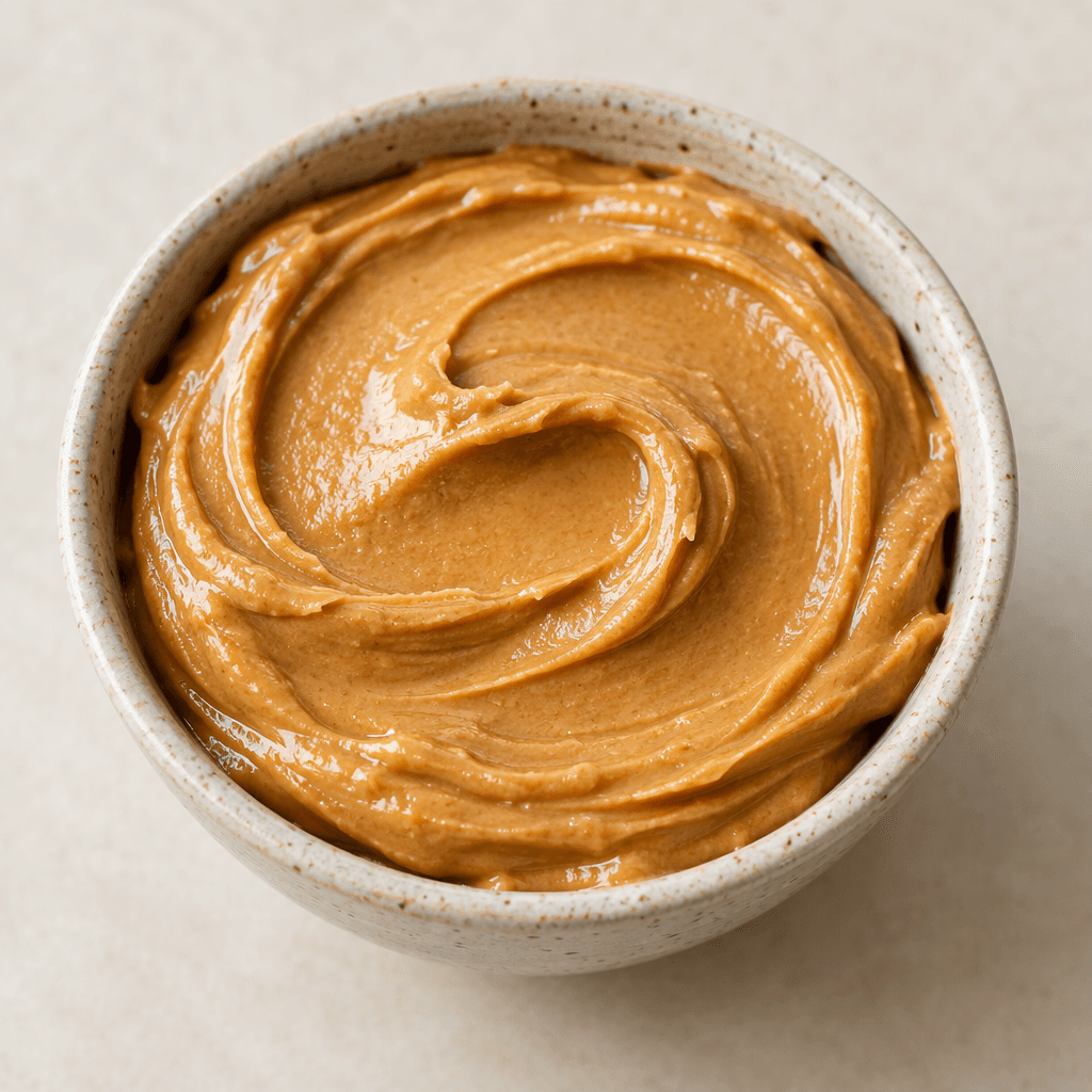 Thick, creamy peanut butter in a warm golden-brown colour sits in a small bowl, with a smooth surface marked by soft spoon swirls and a faint natural oil sheen.