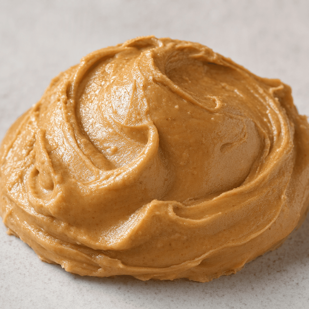 A thick, smooth, light brown paste sits in a small mound, with soft swirls and a slight sheen.