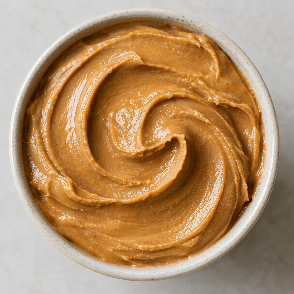 A thick, smooth, tan-brown peanut paste with a softly glossy surface and gentle swirls.