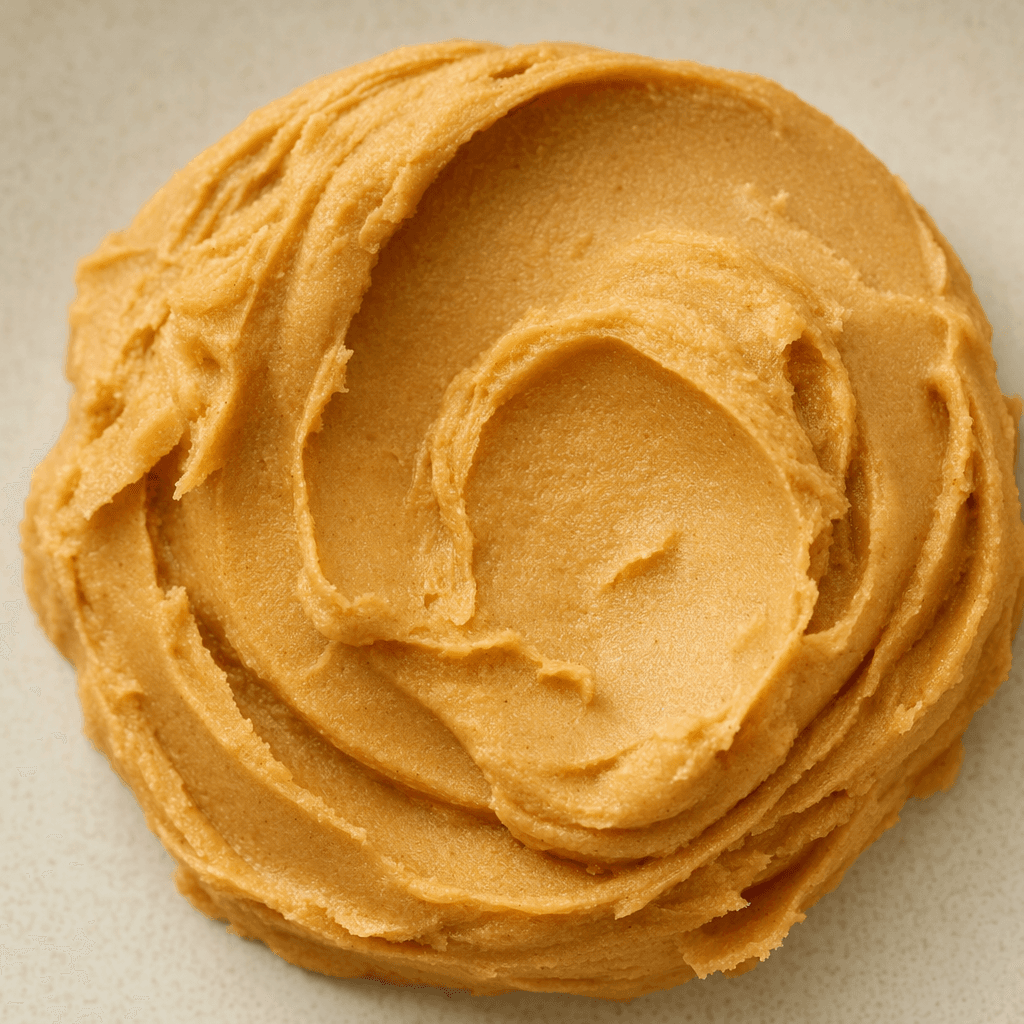 A thick, smooth, light tan-brown paste with a uniform, matte surface, shown in a small mound with soft spoon marks.
