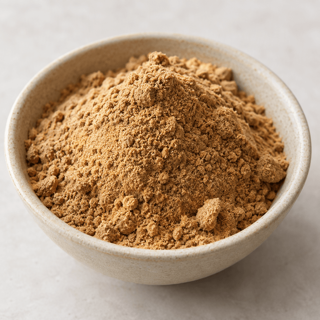 A loose, fine powder ranging from light tan to warm brown, with a dry, slightly grainy texture and small uneven clumps, shown in a shallow bowl or scattered in a soft mound.