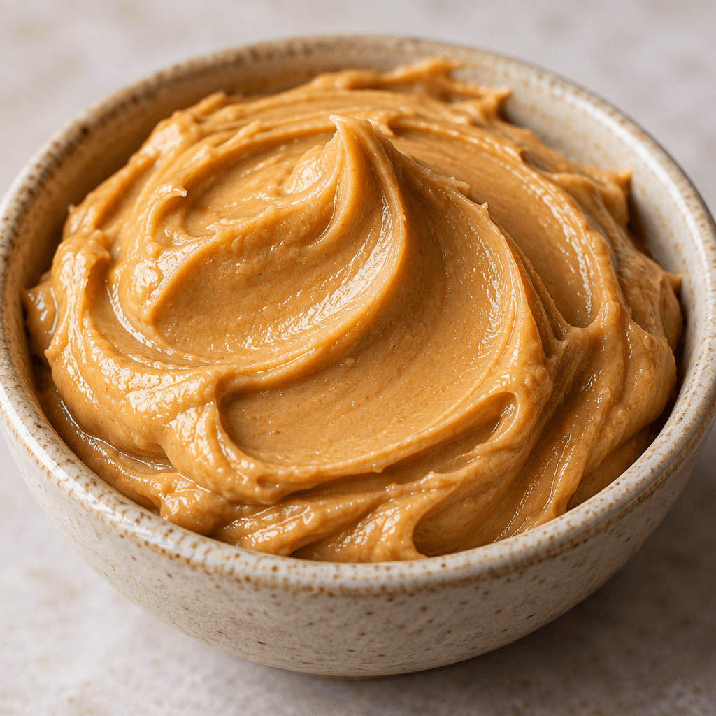 Thick, smooth, warm tan-brown peanut paste with a slight sheen, gathered in a soft mound with gentle swirls.