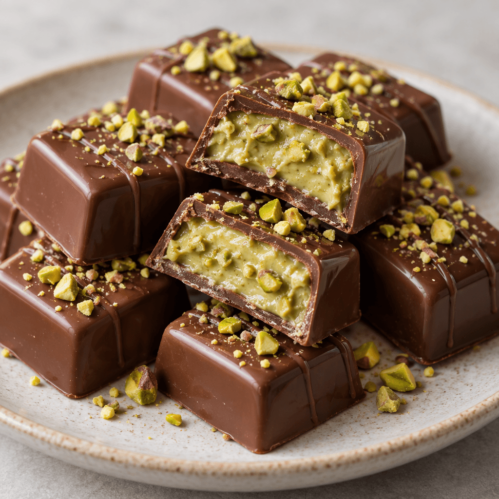 Glossy brown chocolate pieces are arranged on a plate, with pale green pistachio filling and small chopped pistachio pieces visible inside and on top.