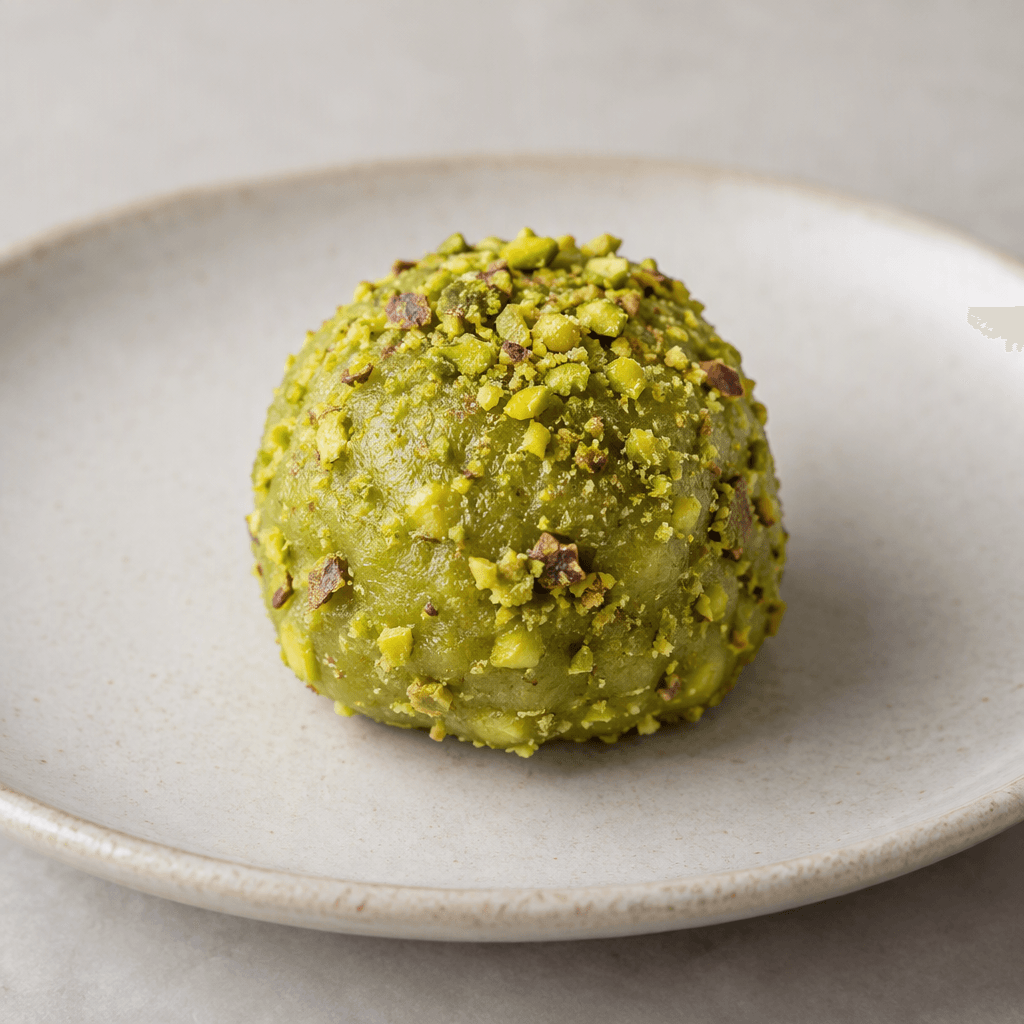 A small, round pistachio-green sweet with a soft, slightly uneven surface and a light coating of finely chopped pistachios, served on a plate.