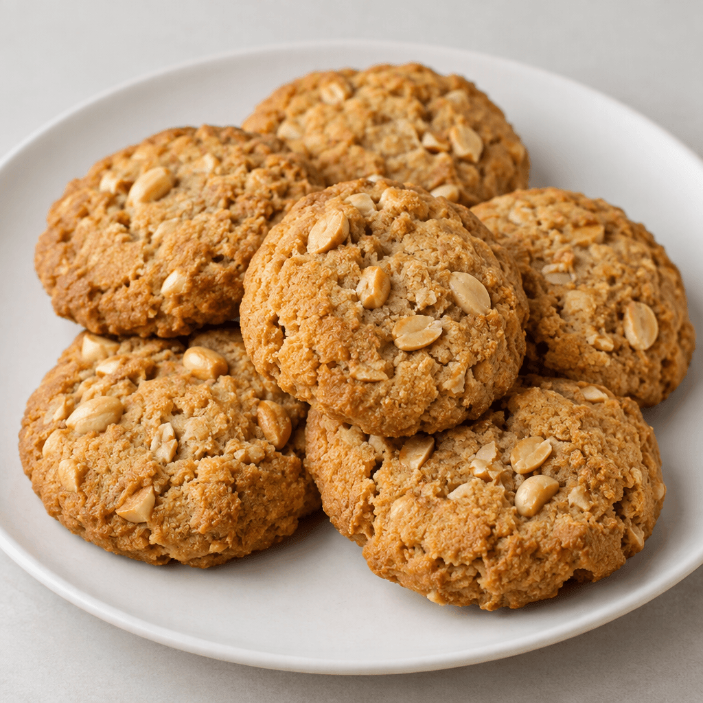 Golden-brown, round, slightly flattened cookies with a crumbly surface, visible pieces of peanut embedded throughout, and lightly cracked edges, arranged on a plain serving plate.