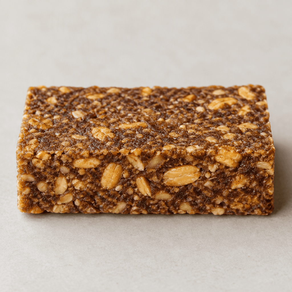 A compact rectangular bar with a dense, slightly rough brown surface, visible golden-tan peanut pieces throughout, and cleanly cut edges, served on a plain surface.