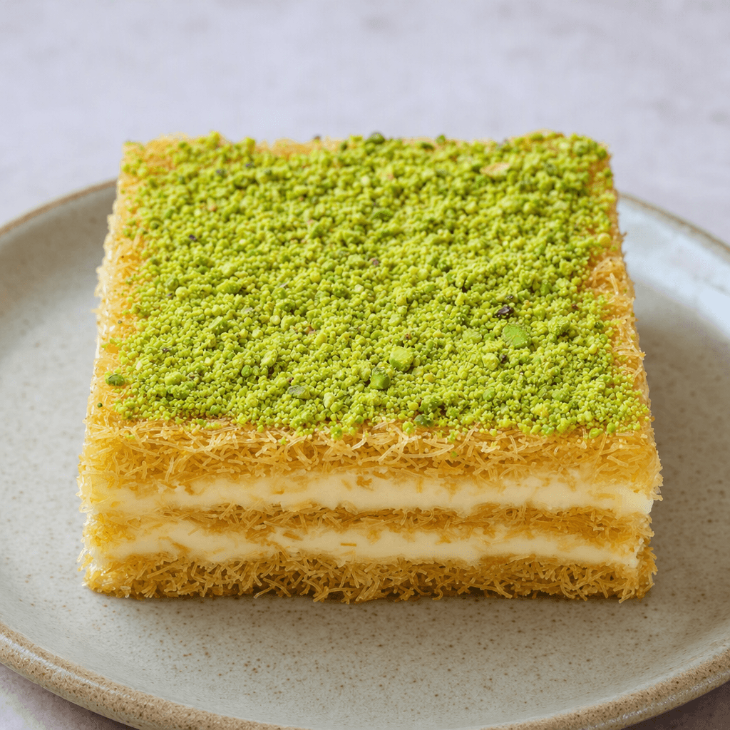 A chilled rectangular dessert of fine golden shredded pastry layered with pale cream and topped with a generous scattering of vivid green crushed pistachios.