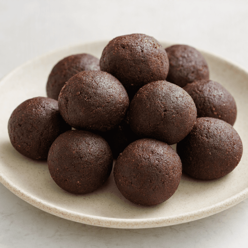 Several small, round, dark-brown brownie balls with a dense, slightly rough surface are arranged on a plate.