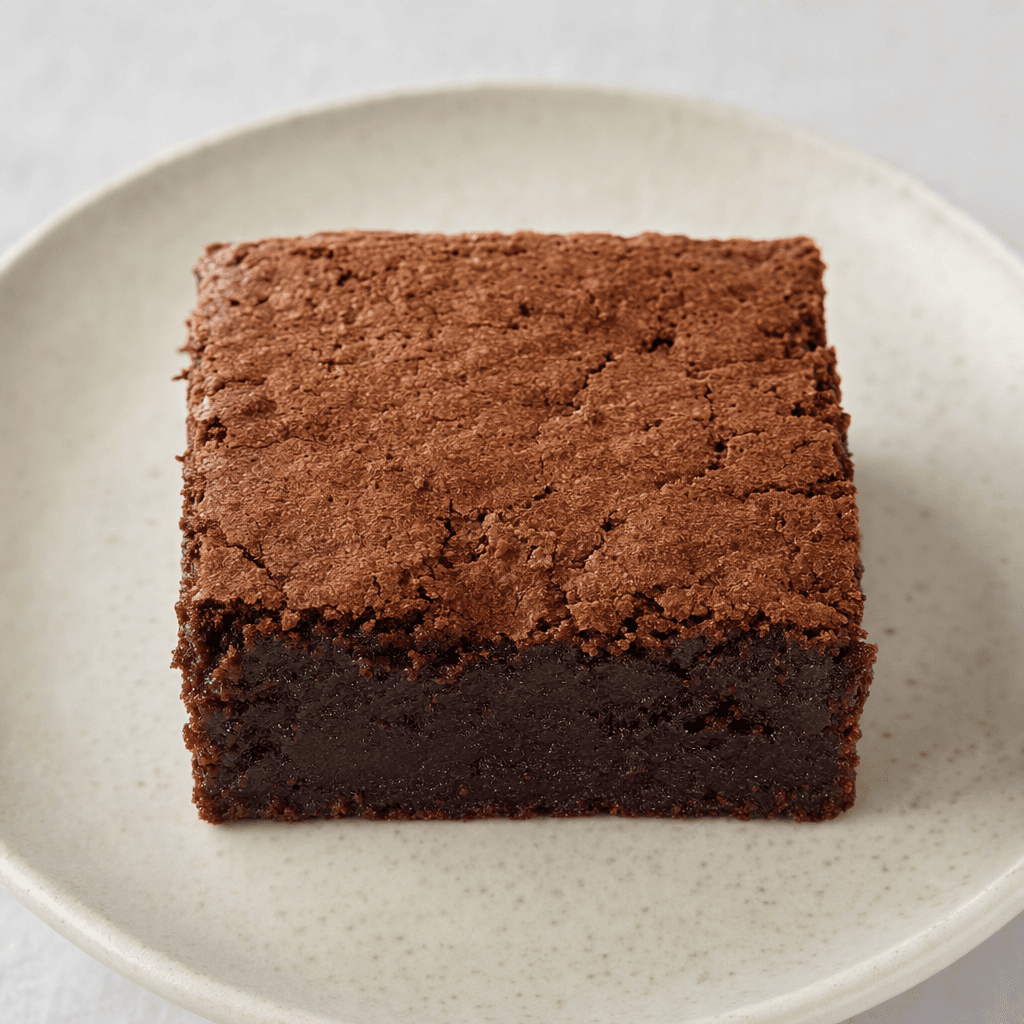 A small, thick, square dark-brown brownie with a slightly cracked, matte top and a dense, moist-looking interior, served plain on a plate.