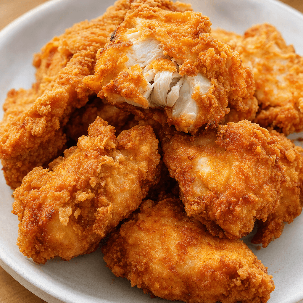 Golden-brown chicken pieces with a rough, crisp-looking coating are arranged on a plate, with pale meat visible where the coating breaks.