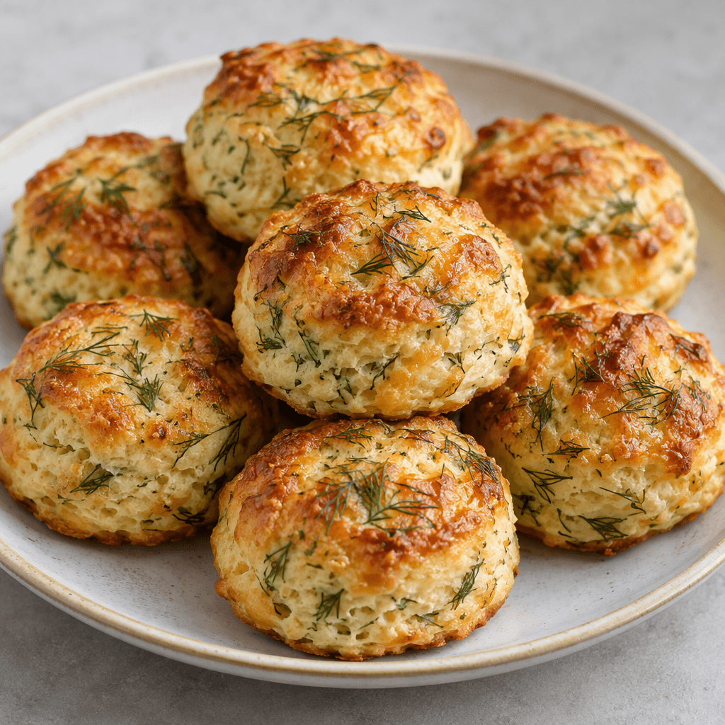 Small, round golden-brown savory pastries with a lightly browned surface and fine green dill flecks, arranged on a plate.