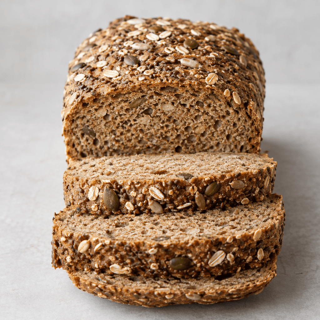 A compact, rectangular medium-brown loaf sliced into thick pieces, with a dense, slightly coarse crumb and scattered grains and seeds visible on the crust.