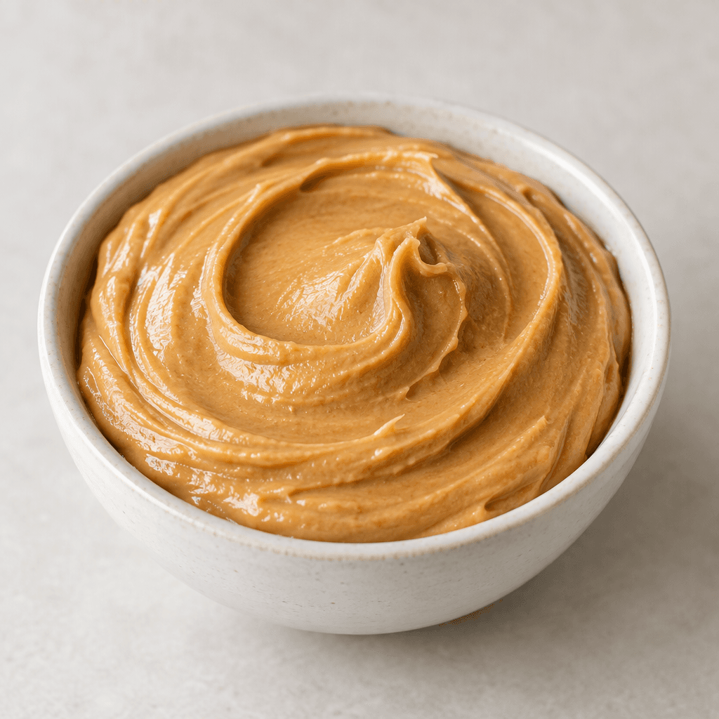 Thick, smooth, light tan-brown peanut butter sits in a small bowl with a soft swirl and a slight sheen.