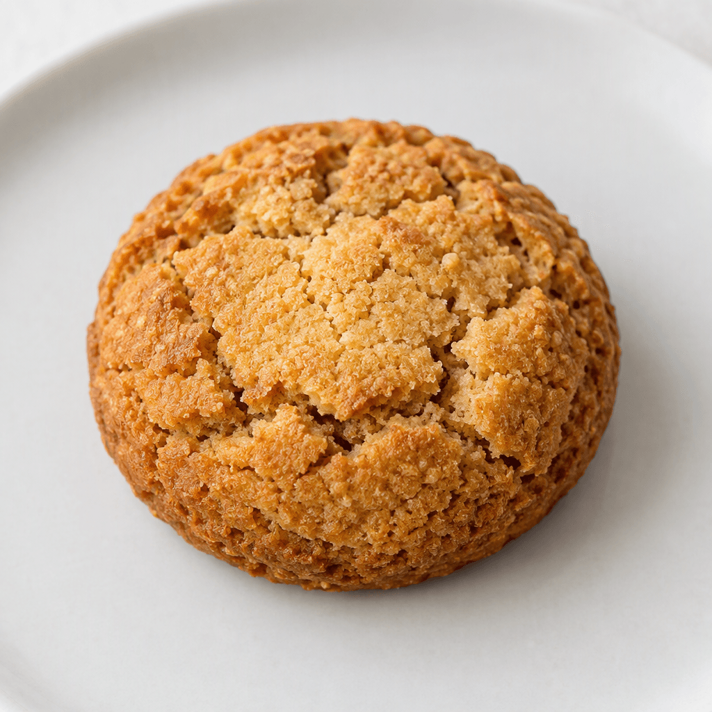 A small, round, thick golden-brown cookie with a slightly cracked surface and a firm, crumbly texture, served on a plain plate.