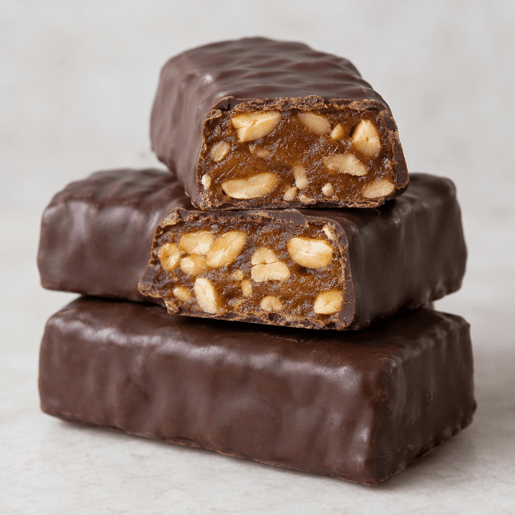 Several rectangular bars are coated in dark brown chocolate, with a cut end showing a dense, sticky brown layer studded with pale tan peanuts.