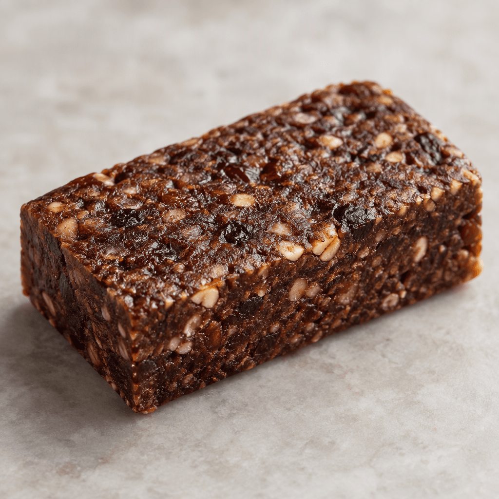 A compact, rectangular dark-brown bar with a dense, slightly uneven surface and squared edges.