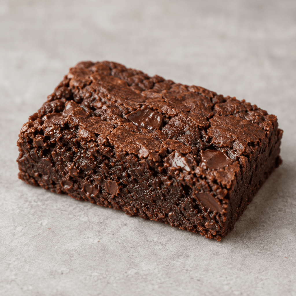 A compact rectangular bar with a dark chocolate-brown surface and a dense, slightly rough brownie-like texture, shown on its own.