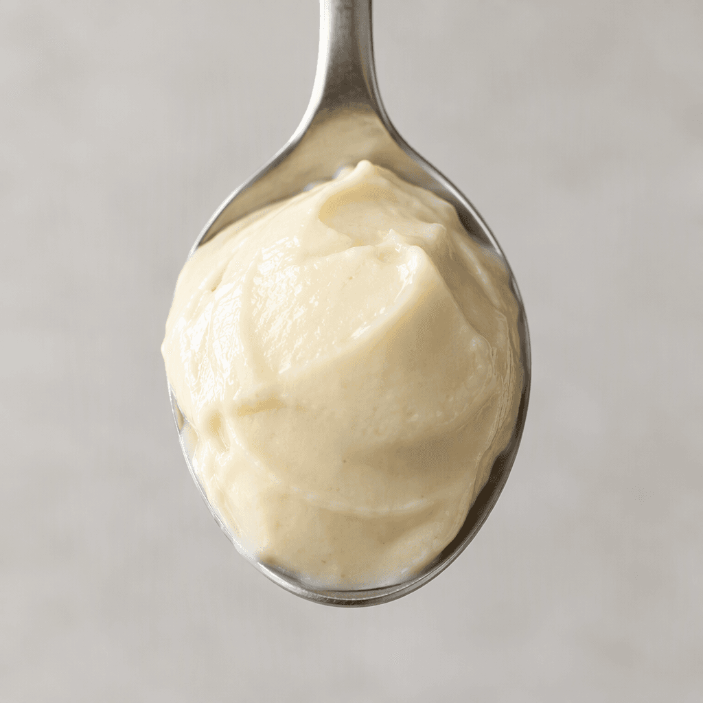 A small serving of smooth, pale dessert sits in a spoon, with no distinct toppings or layers visible.